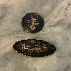 Vintage Asian Black and Gold Brooch Set, sterling silver